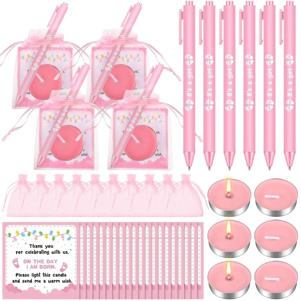 25 Pink Baby Shower Favors/Gender Reveal Candles, Bags, Card and Pens Set